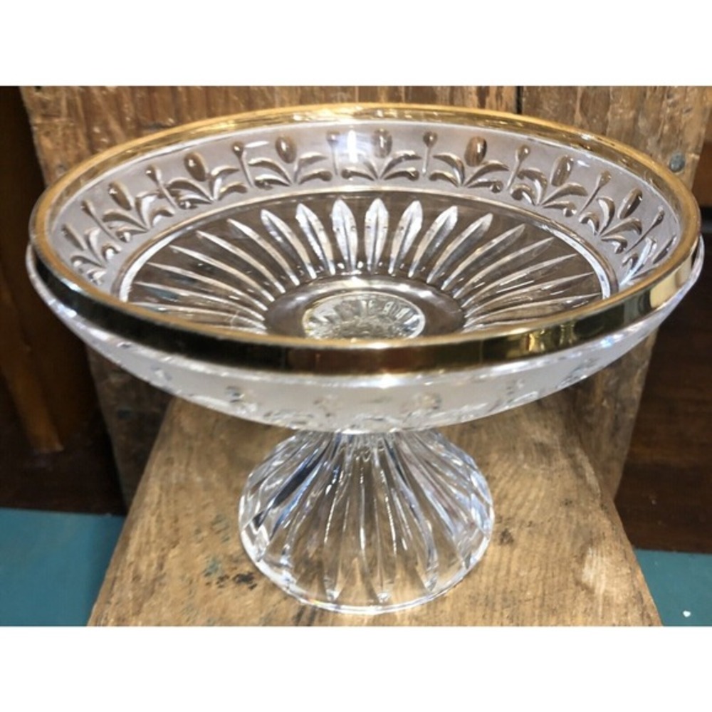 Pedestal‎ Bowl Etched Lead Glass Gilded Rim West Germany Enesco STUNNING